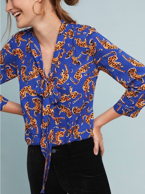Anthropologie Tops - Anthropologie Blue Leopard-Print Tie-Neck Women's Blouse
